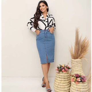 Saia Jeans Longa Feminina Cintura Alta Com Fenda Moda Evangélica