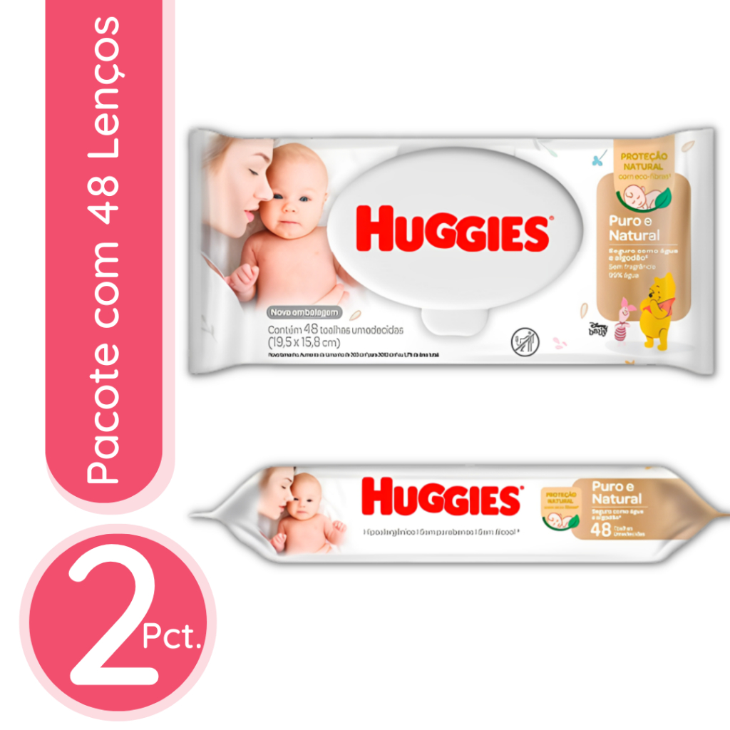 Lenço Umedecido Huggies Puro e Natural - 2 Pacotes / 96 lenços | Shopee ...