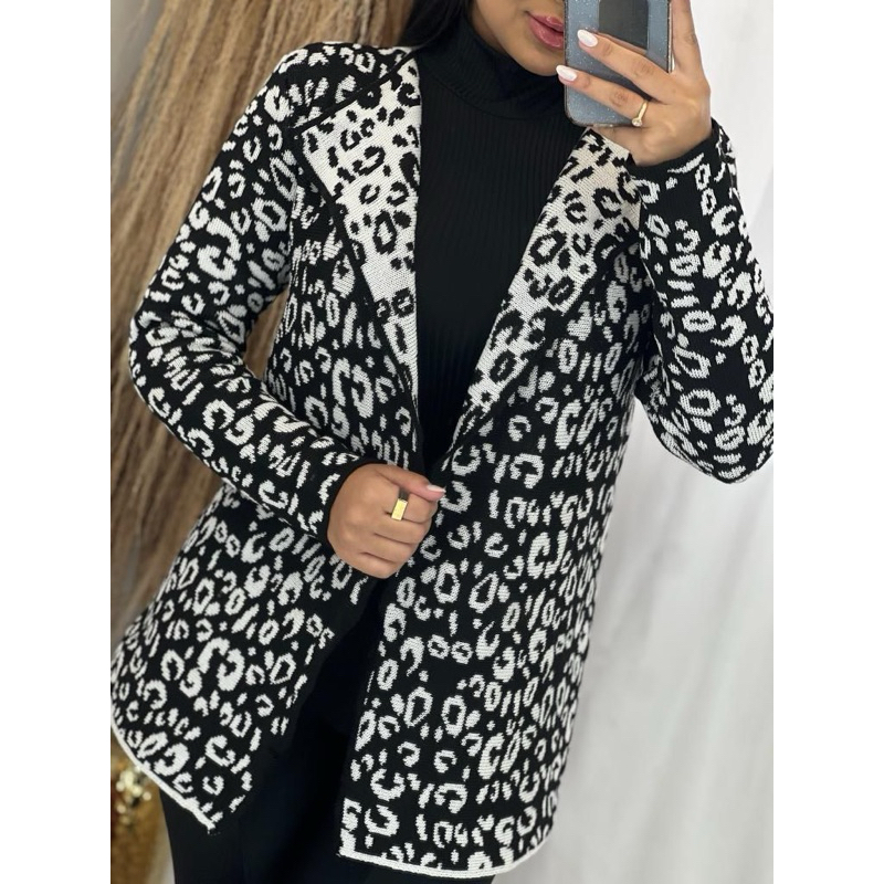 Cardigan Casaco Tricot Animal Print Onçinha Super quente Moda