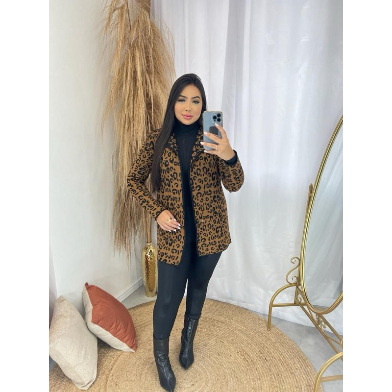 Cardigan Casaco Tricot Animal Print Onçinha Super quente Moda