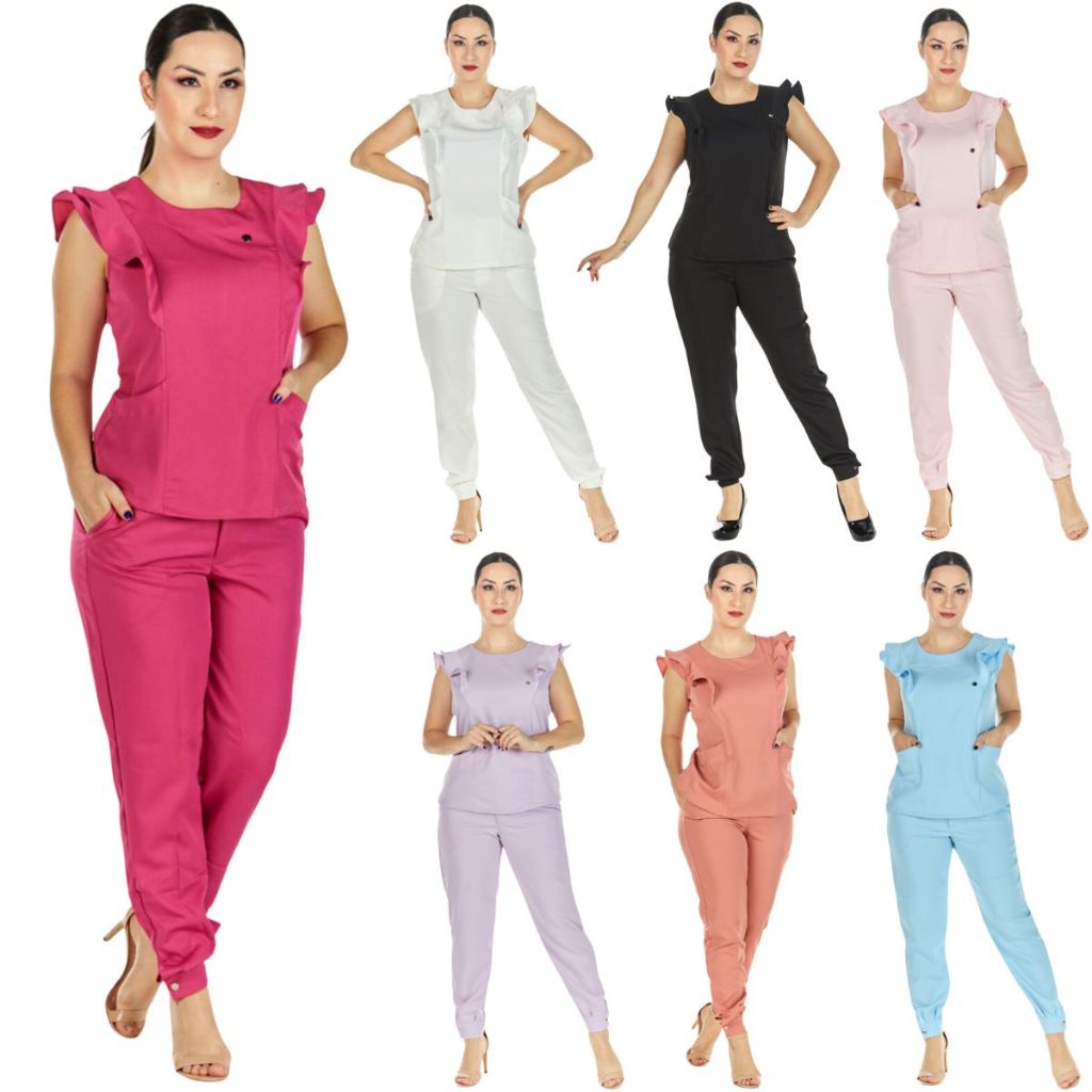 Conjunto Scrub Feminino Babados Várias Cores Esteticista Secretária Consultório Casual Assistente Clínica Salão de Beleza