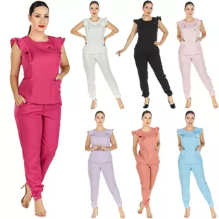Conjunto Scrub Feminino Babados Várias Cores Esteticista Secretária Consultório Casual Assistente Clínica Salão de Beleza