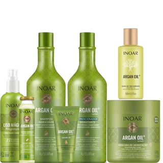KIT INOAR ARGAN SH 1L+COND1L+MÁSCARA 500G+FLUIDO MÁGICO200ML+OLEO 60ML+LEAVE-IN50G+AMPOLA45ML