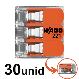 Conector Wago Compacto Emenda 3 Fios Modelo 221-413 - 30 unidades