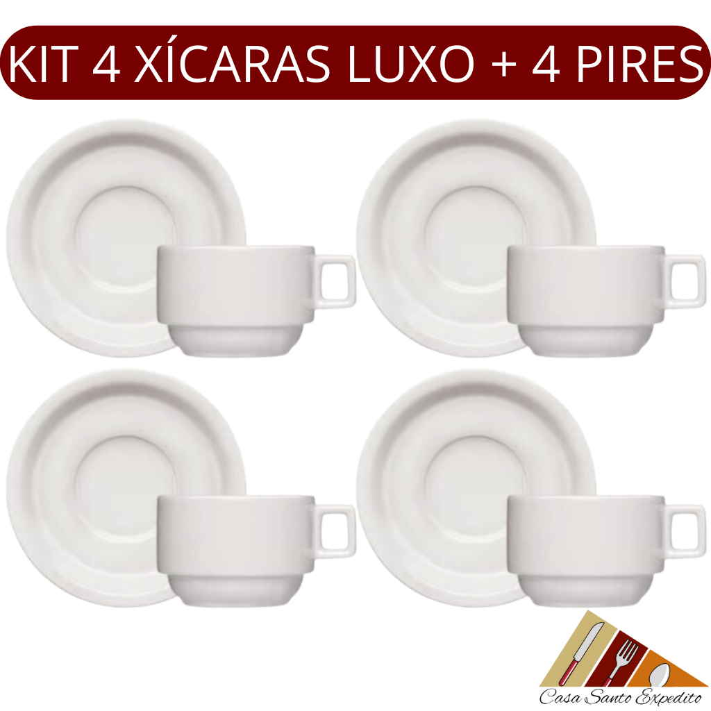 Conjunto 8 PÇS - 4 Xícaras LUXO Café Chá Porcelana Branca 190 ML + 4 Pires Porcelana Branco (ENVIO IMEDIATO)