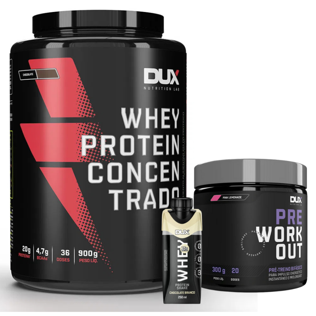 Whey Protein Concentrado – 900g – Dux + Pre Workout – 300g – Dux + Whey Shake – 250ml – Dux