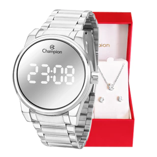 Relógio Champion Feminino Digital Espelhado Prata + Kit Colar e Brincos Original À Prova D