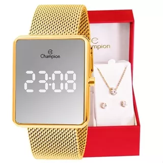 Relógio Champion Feminino Digital Espelhado Dourado + Kit Colar e Brincos Original Presente Moda Gift Aniversário Tendência Estilo Mulher Esposa Namorada Mãe Barato CH40080B