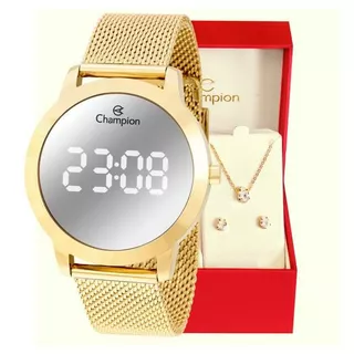 Relógio Champion Feminino Digital Espelhado Dourado Pulseira Mesh + Kit Colar e brincos Original À Prova d