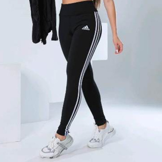 Calça Legging Adidas Cintura Alta 3 Listras Feminina - Preto+Branco