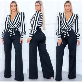 Macacão Calça Pantalona Feminino, manga longa princesa, Sofisticado, Elegante