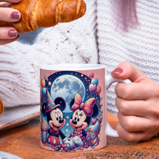Caneca Desenho Mickey Mouse e Minnie Mouse de Cerâmica Simples Branca 325ml