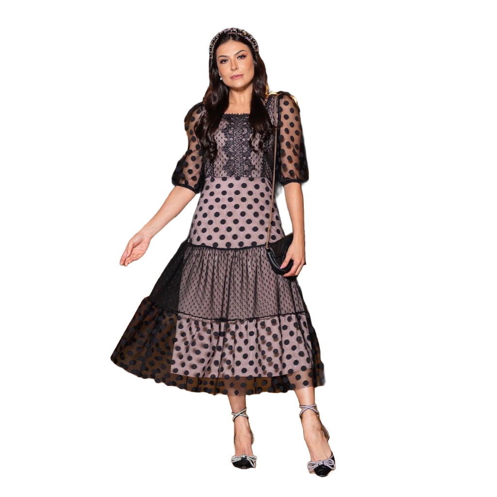 Vestido de Festa Evangélico Midi Godê Tule Estampado Poás Bordado Renda Jaqueline CN