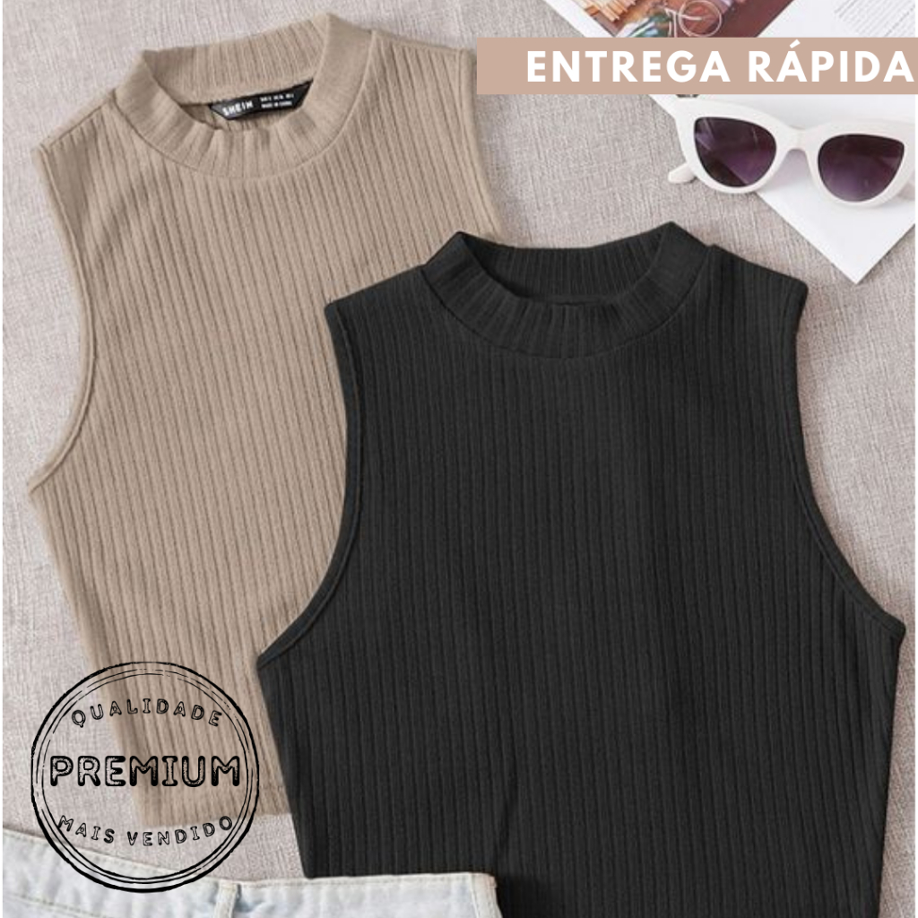 Kit 02 Cropped Regata Feminino Canelado Basico Sem Manga Praia Verão Blogueira Fashion Da Moda