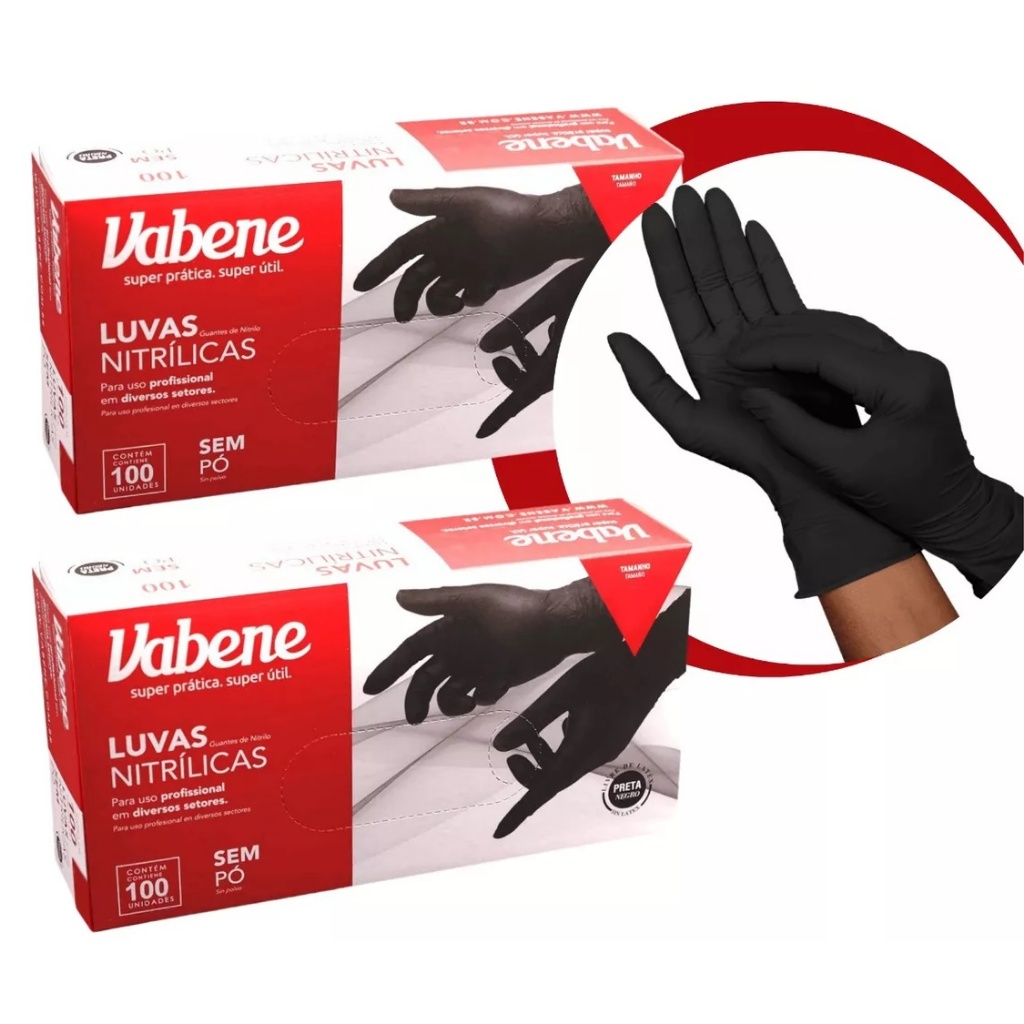 Luva Nitrilica Preta Vabene Descartável Sem Pó Resistente 100 unidades
