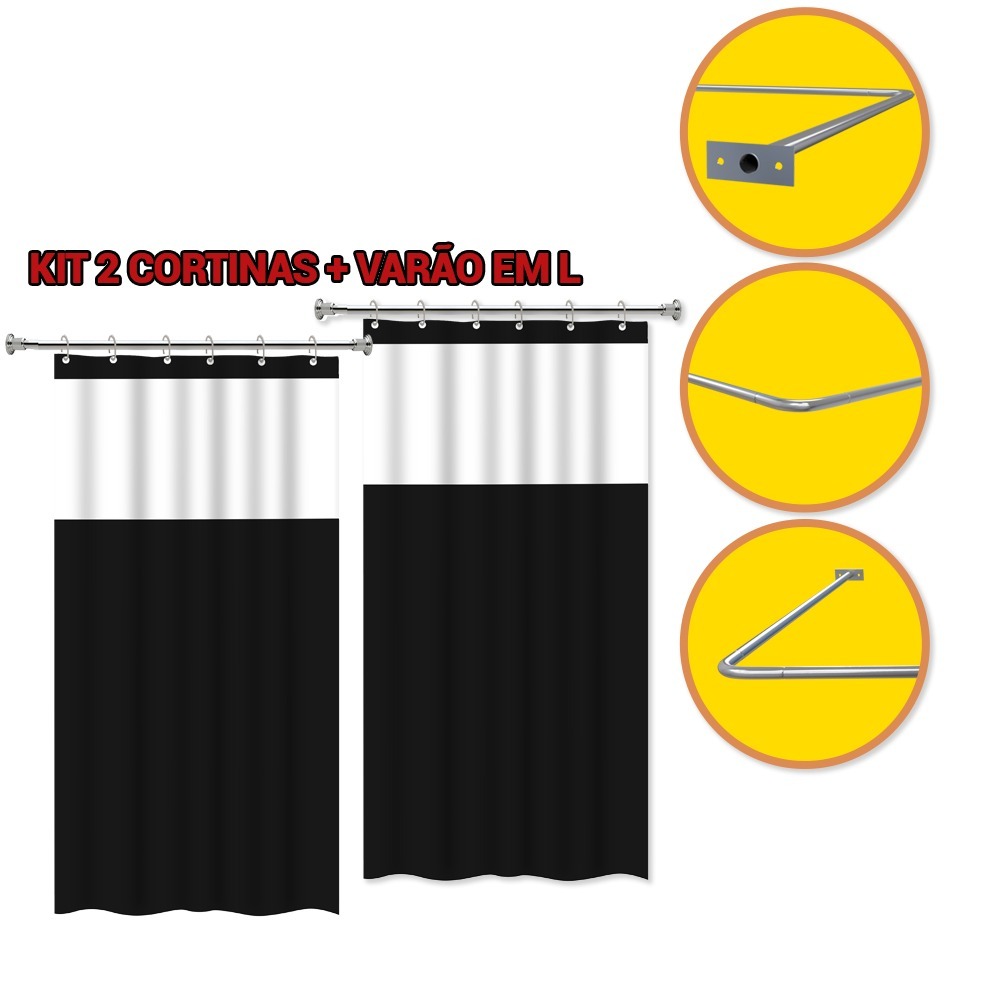 Kit 2 Cortinas de Box para Banheiro + Suporte Varão Bastão em L + Kit Instalação