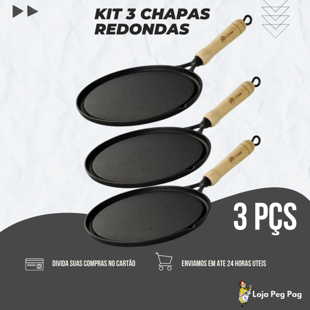 Kit 3 Chapa Bifeteira Ferro Redonda Lisa para Servir Porção