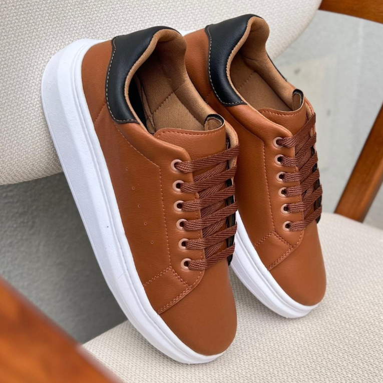 Tênis Sapatenis Casual Masculino Couro Leve e Macio Sola Alta Ajuste Cadarço Calce Fácil