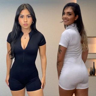 Kit 2 Macaquinho Suplex Moda Feminina Gringa Com Ziper Shorts Curto Academia Gringo Manga Curta Macacão Feminino Liso