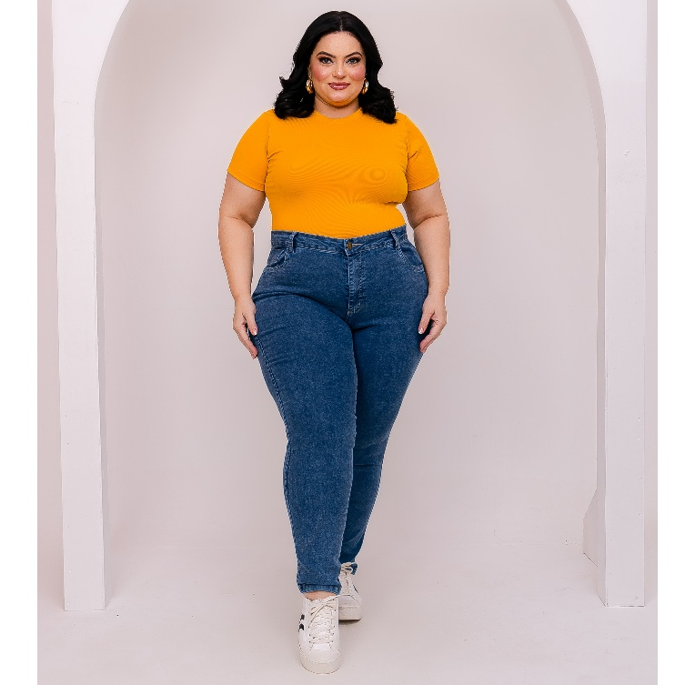 Calça Jeans Plus Size Feminina Com Lycra Cintura Alta