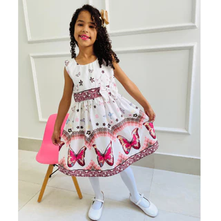 Vestido Infantil Menina Boboleta Branco Lacinho Festa Aniversário Casual