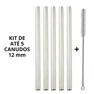 Kit Até 5 Canudos Inox Reutilizável Reto Inox 12mm Prata + Escova de Limpeza