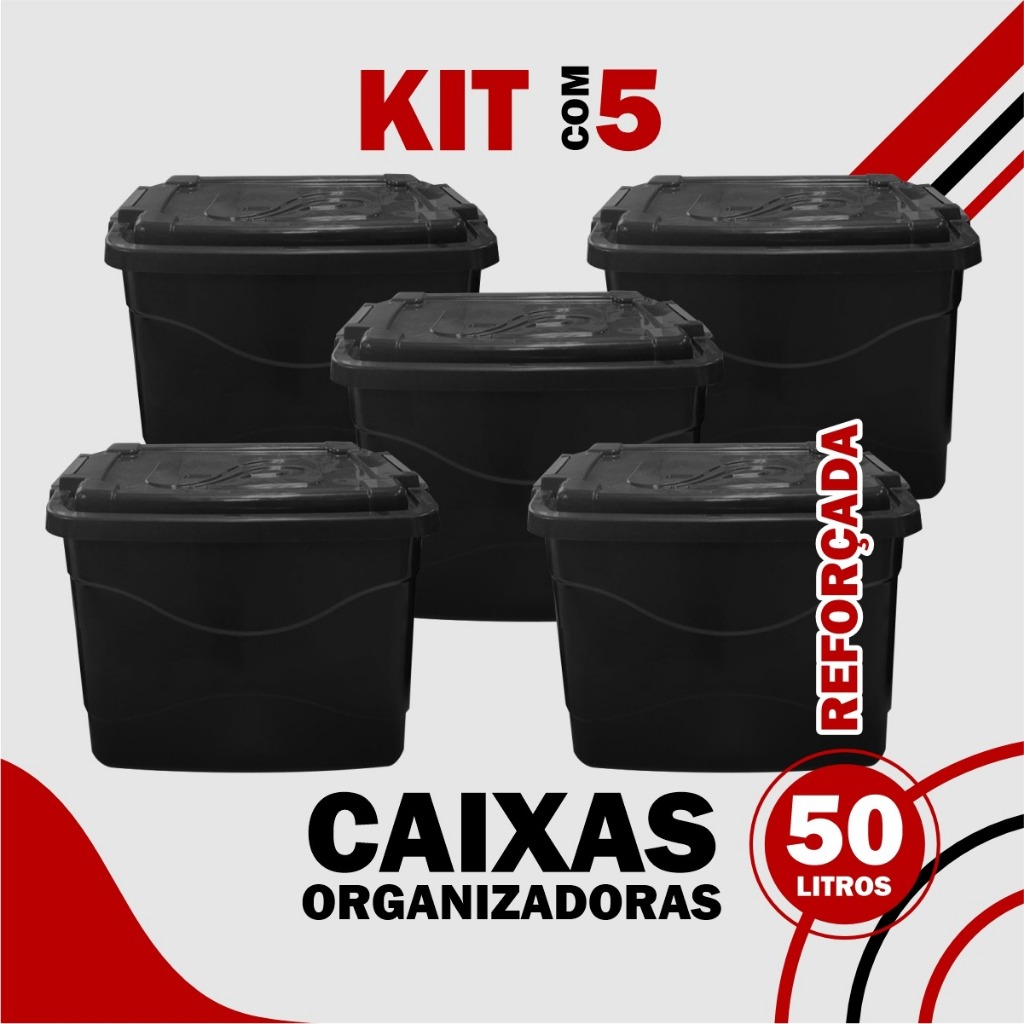 Kit Caixas Organizadora 50L Grande C/Tampa e Trava Cesto para Brinquedos Multiuso