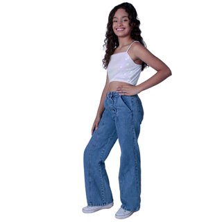Calça Jeans Wide Leg Menina Larguinha Infantil Juvenil 100% Algodão 10 ao 16