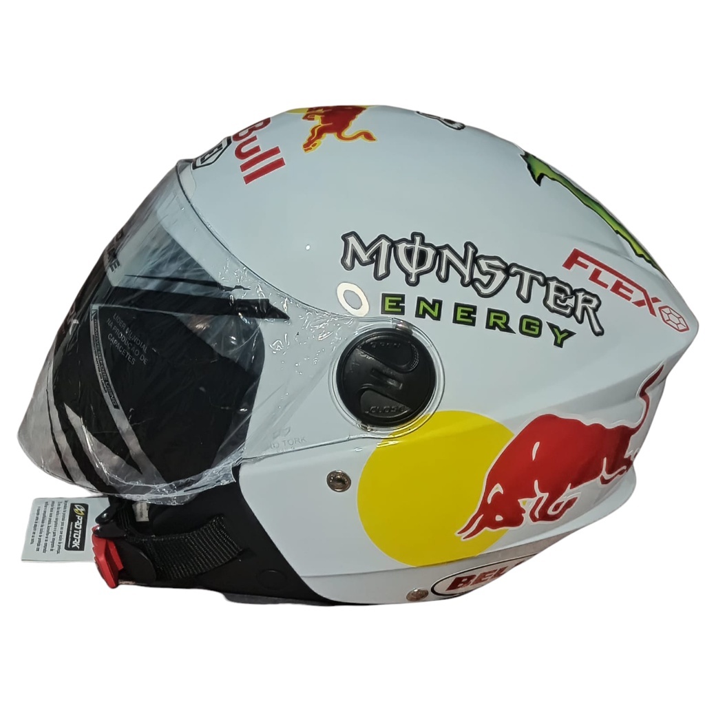 capacete new liberty aberto branco personalizado RED BULL MOSTER viseira trasnparente + chaveiro
