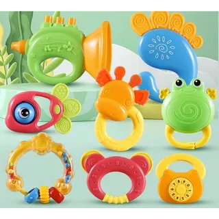 Brinquedos Para Bebê Kit com 4 pçs Leão e Patinho Chocalho + Mordedor Macio Colorido