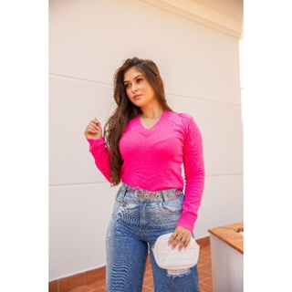 Blusa manga longa decote v lá tricô elastano suéter feminino
