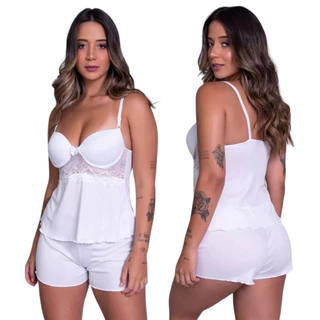 Pijama Short Doll com Bojo Alça Verao Feminino Dormir Confortavel Renda Cropped em Oferta na Shopee
