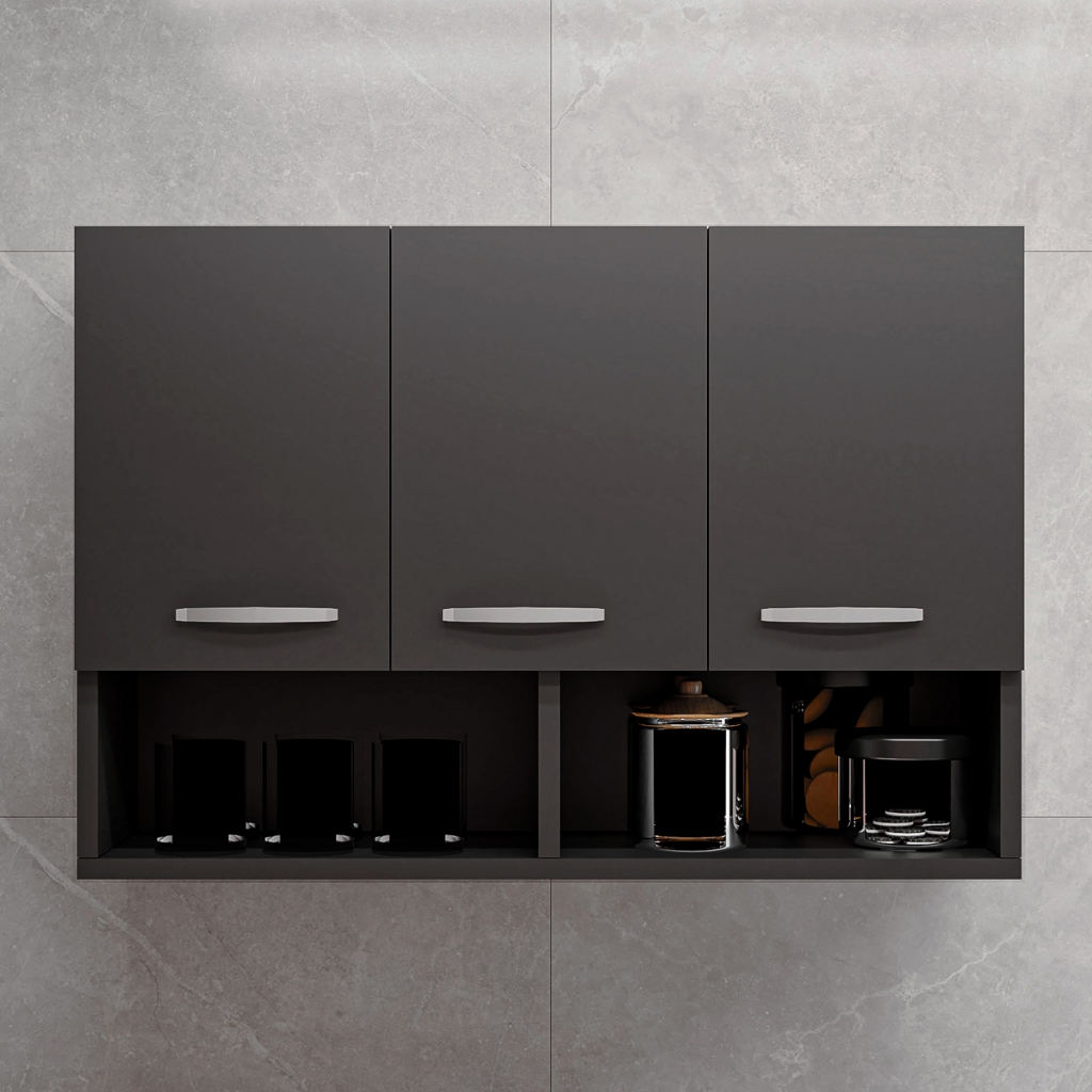 Balcão Aéreo Armário Modular multiuso Preto Com 3 Portas