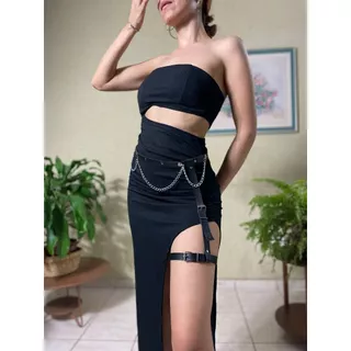 VESTIDO COM FENDA ACESSÓRIO JENNIE CINTO COM CORRENTES, GÓTICO, VESTIDO COM FENDA