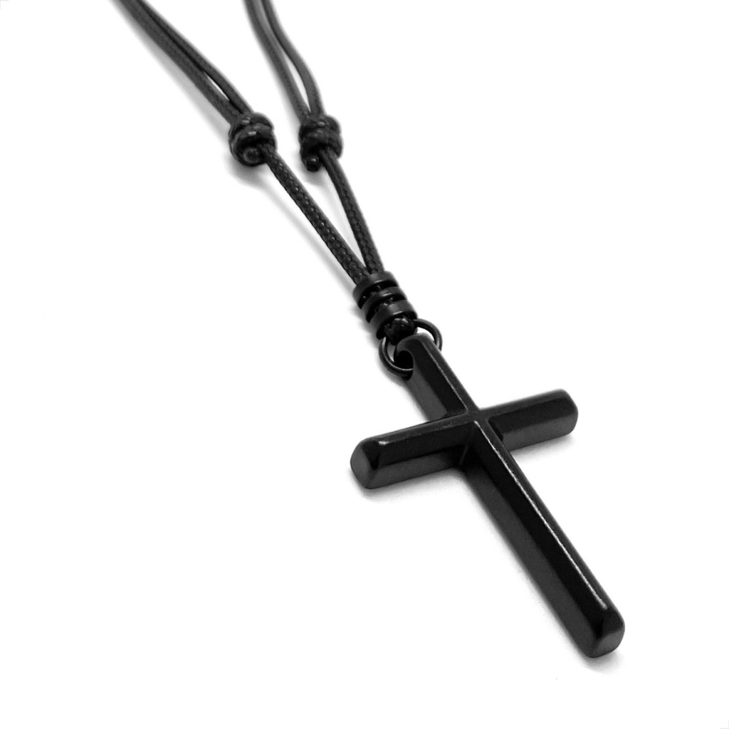 Colar Cruz Crucifixo Preto Cordão Preto Corrente 80cm Ajustável