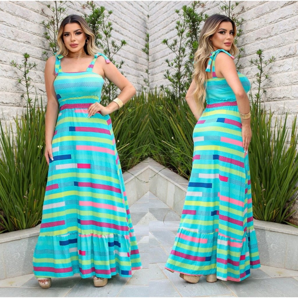 Vestido Longo Feminino Solto Soltinho Lastex Alcinha de Amarrar Rodado ...