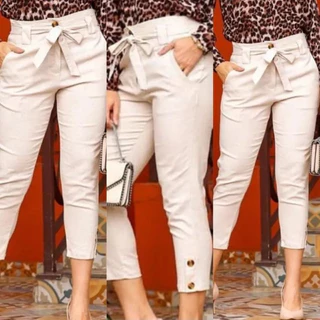 Calça clochard linho social sm com 2 botão com elástico atars feminina moda sem zíper fechado 2023 lançamento novidade promoção