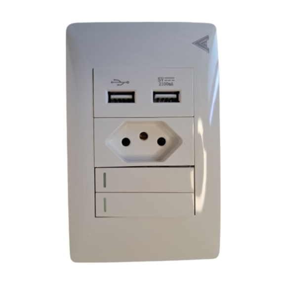 Tomada com 2 interruptores Slim + 1 ponto + 2 USB de 2100mA/100-265V - 50/60Hz 10 Amperes