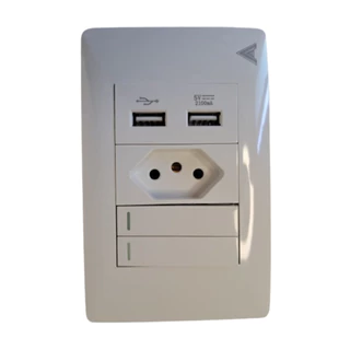 Tomada com 2 interruptores Slim + 1 ponto + 2 USB de 2100mA/100-265V - 50/60Hz 10 Amperes