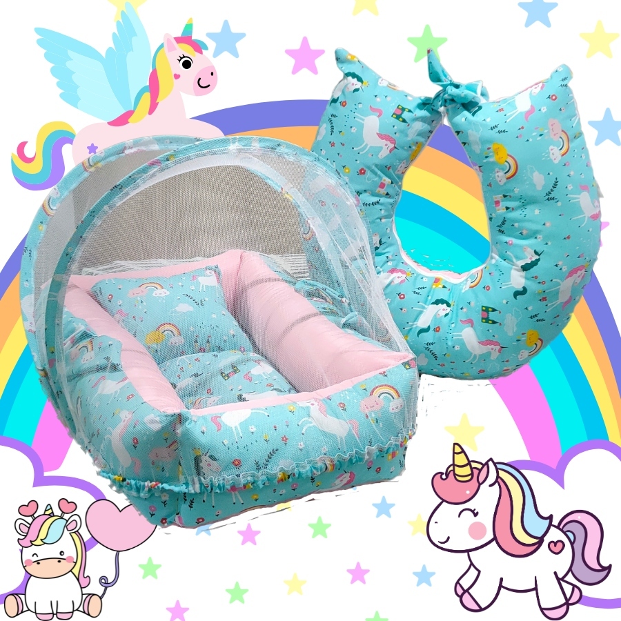 Ninho Redutor Unicornio Rosa Com Almofada e Mosquiteiro Conforto e Elegancia Para Sua Bebe