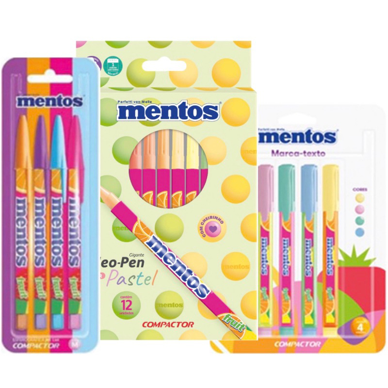 Kit Caneta Mentos Compactor Esferográfica Colorida Marca Texto com 4 ...