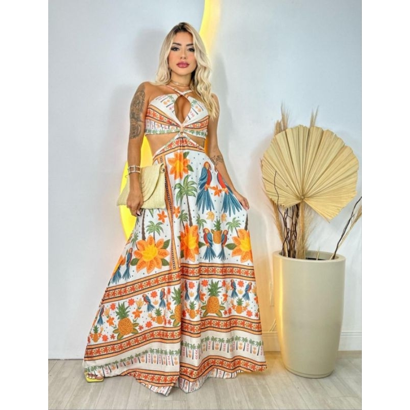 Vestido longo inspiração Farm luxo tendência 2024 | Shopee Brasil