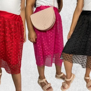 Saia Tule Renda Bolinhas Midi Criança infantil Juvenil Roupa de Festa Moda Evangelica Infantil.
