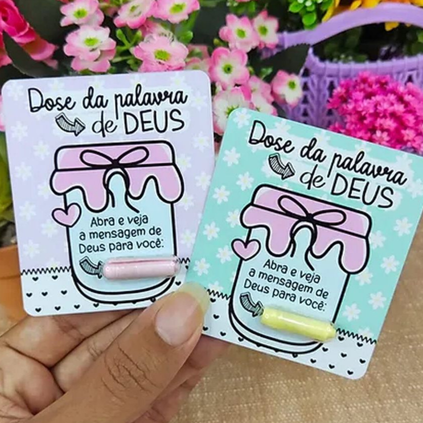 Kit 30/50/100 Lembrancinhas Cartões Personalizados + Pílula com mensagem - Dose Da Palavra De Deus