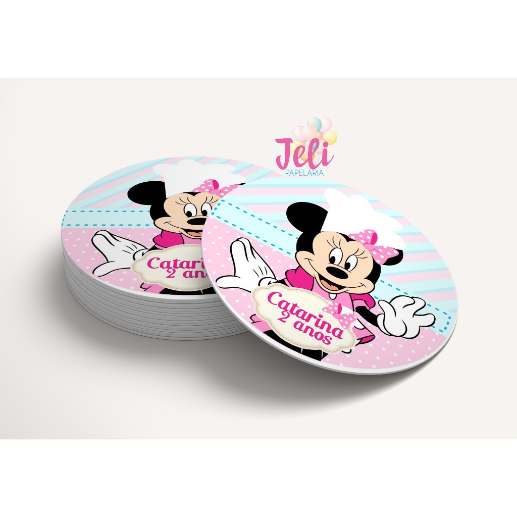 30 Adesivos Personalizados Minnie Confeiteira 5 cm