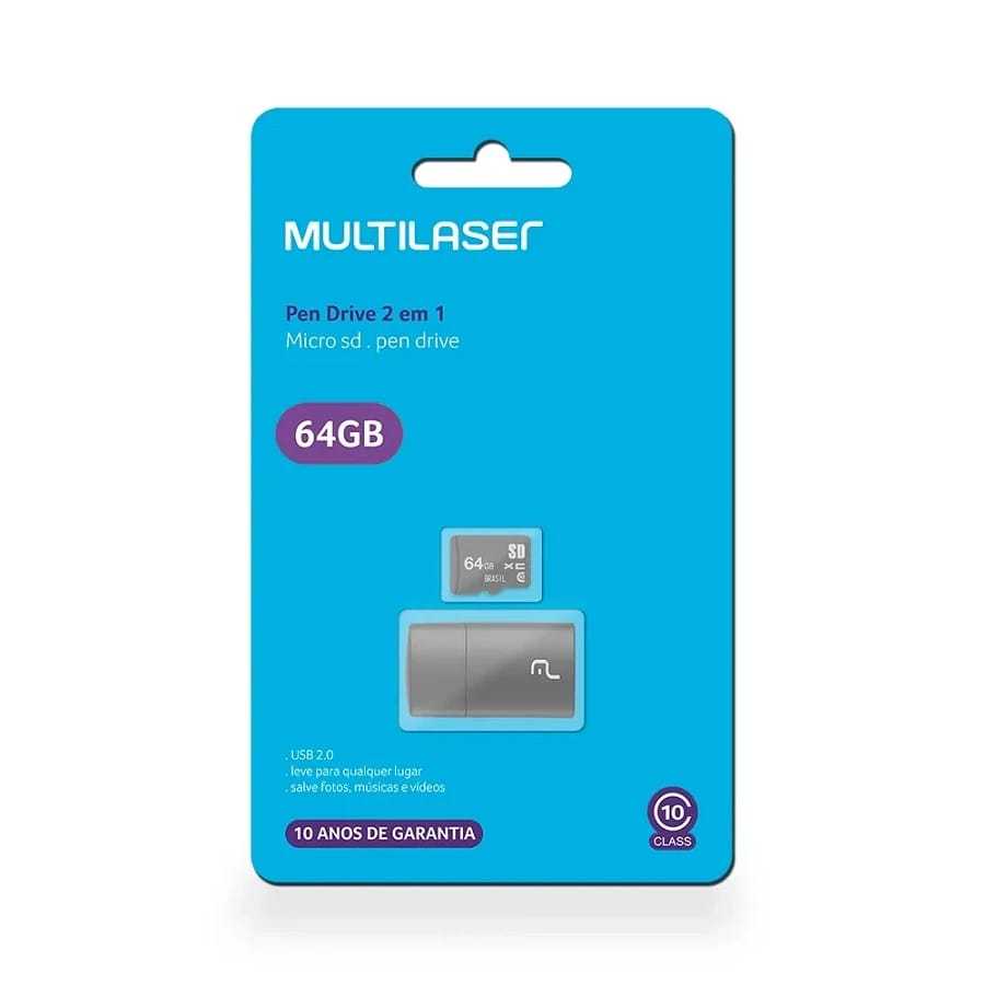 Cartão de memoria 64gb 2x1 multilaser class 10 leitor usb