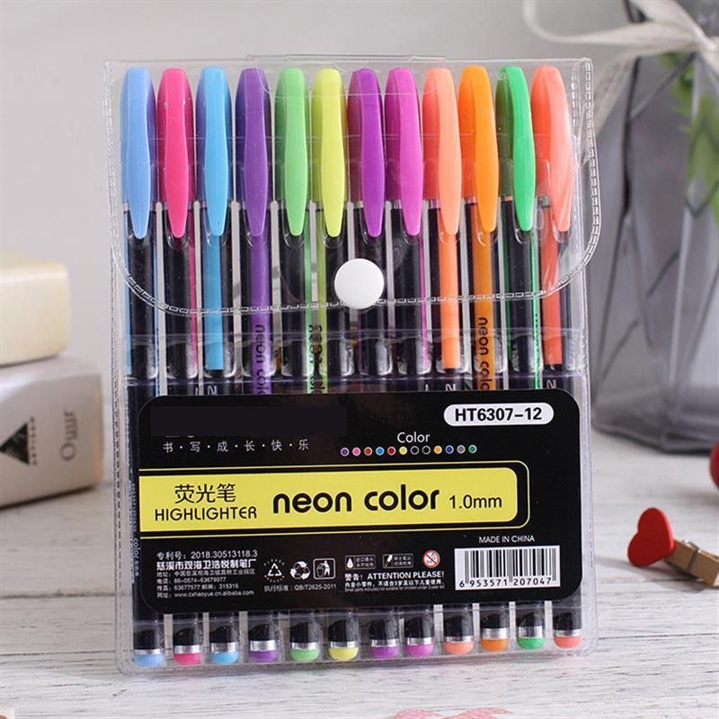 Kit com 12 Cores Caneta Gel ColorGel Tinta Glitter Pastel Neon Metal Escolar