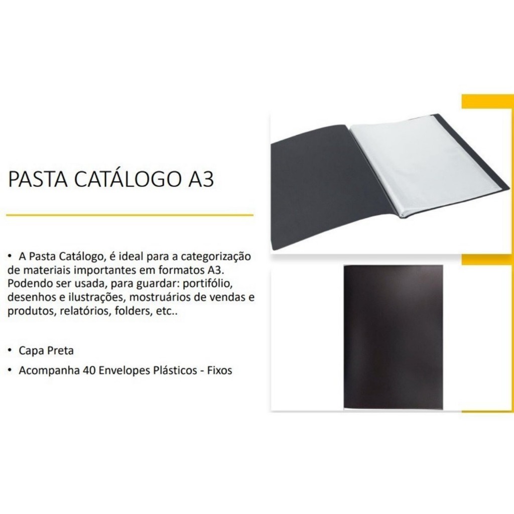 Pasta Catalogo A3 Preta 40 Envelope Plastico Expor Desenhos