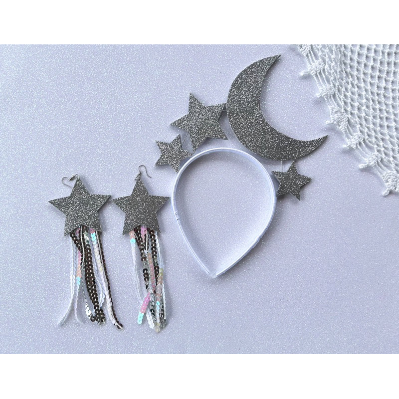 Kit tiara lua e estrelas + brincos para carnaval 2025