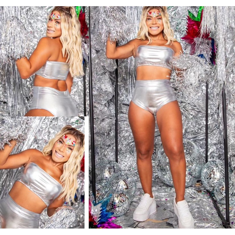 Conjunto Metalizado Cropped E Shorts Hot Pants Carnaval 2019